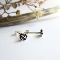Oxidised Tiny Fine Silver Rose Stud Earrings ~ June Birth Flower ~ Handmade by The Tiny Tree Frog Jewellery