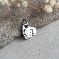 Tiny Stainless Steel Peeking Cat Charm, Little Heart Shaped Pendant, Laser Engraved Add On for Necklace / Bracelet, Cat Lover  Gift ~ 10mm