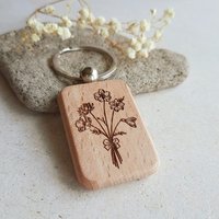 Custom Birth Flower Bouquet Wood Key Ring ~ Up to 5 Flowers ~ Double Sided ~ Personalised Engraved Wooden Keychain ~ 5th Anniversary Gift