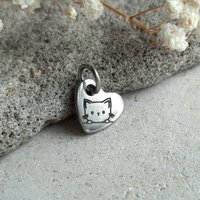 Tiny Stainless Steel Peeking Cat Charm, Little Heart Shaped Pendant, Laser Engraved Add On for Necklace / Bracelet, Cat Lover  Gift ~ 10mm