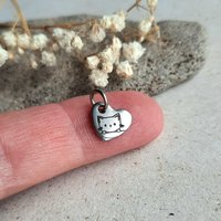 Tiny Stainless Steel Peeking Cat Charm, Little Heart Shaped Pendant, Laser Engraved Add On for Necklace / Bracelet, Cat Lover  Gift ~ 10mm