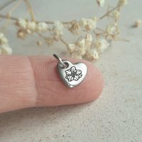 Tiny Birth Flower Charm, Stainless Steel, Choice of 24 Flowers, Little Heart Shaped Pendant, Laser Engraved Necklace / Bracelet Charm, 10mm
