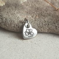 Tiny Birth Flower Charm, Stainless Steel, Choice of 24 Flowers, Little Heart Shaped Pendant, Laser Engraved Necklace / Bracelet Charm, 10mm