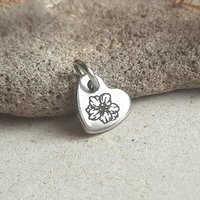 Tiny Birth Flower Charm, Stainless Steel, Choice of 24 Flowers, Little Heart Shaped Pendant, Laser Engraved Necklace / Bracelet Charm, 10mm