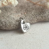Tiny Birth Flower Charm, Stainless Steel, Choice of 24 Flowers, Little Heart Shaped Pendant, Laser Engraved Necklace / Bracelet Charm, 10mm
