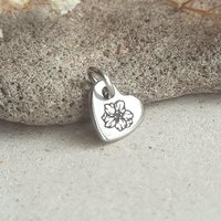 Tiny Birth Flower Charm, Stainless Steel, Choice of 24 Flowers, Little Heart Shaped Pendant, Laser Engraved Necklace / Bracelet Charm, 10mm
