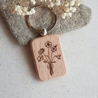 Custom Birth Flower Bouquet Wood Key Ring ~ Up to 5 Flowers ~ Double Sided ~ Personalised Engraved Wooden Keychain ~ 5th Anniversary Gift