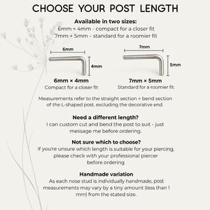 Infographic about nose stud post length options showing 6mm × 4mm and 7mm × 5mm L-shaped posts, with guidance on choosing a closer or roomier fit