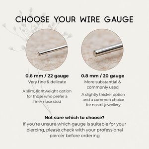 Infographic about nose stud wire gauge infographic comparing 0.6mm (22 gauge) and 0.8mm (20 gauge) options, with guidance on choosing the appropriate gauge