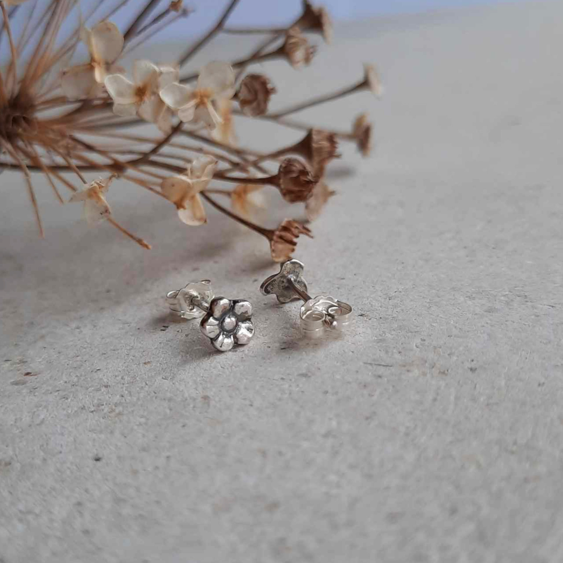 Barely There Silver Bee and Flower Stud Earrings for Second Hole Piercing, Artisan Made by The Tiny Tree Frog Jewellery