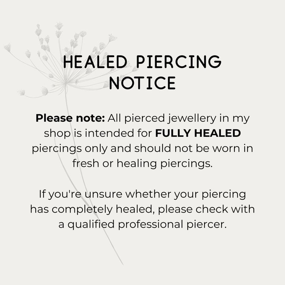 Infographic advising that pierced jewellery is intended for fully healed piercings only, not fresh or healing piercings, with guidance to consult a professional piercer if unsure