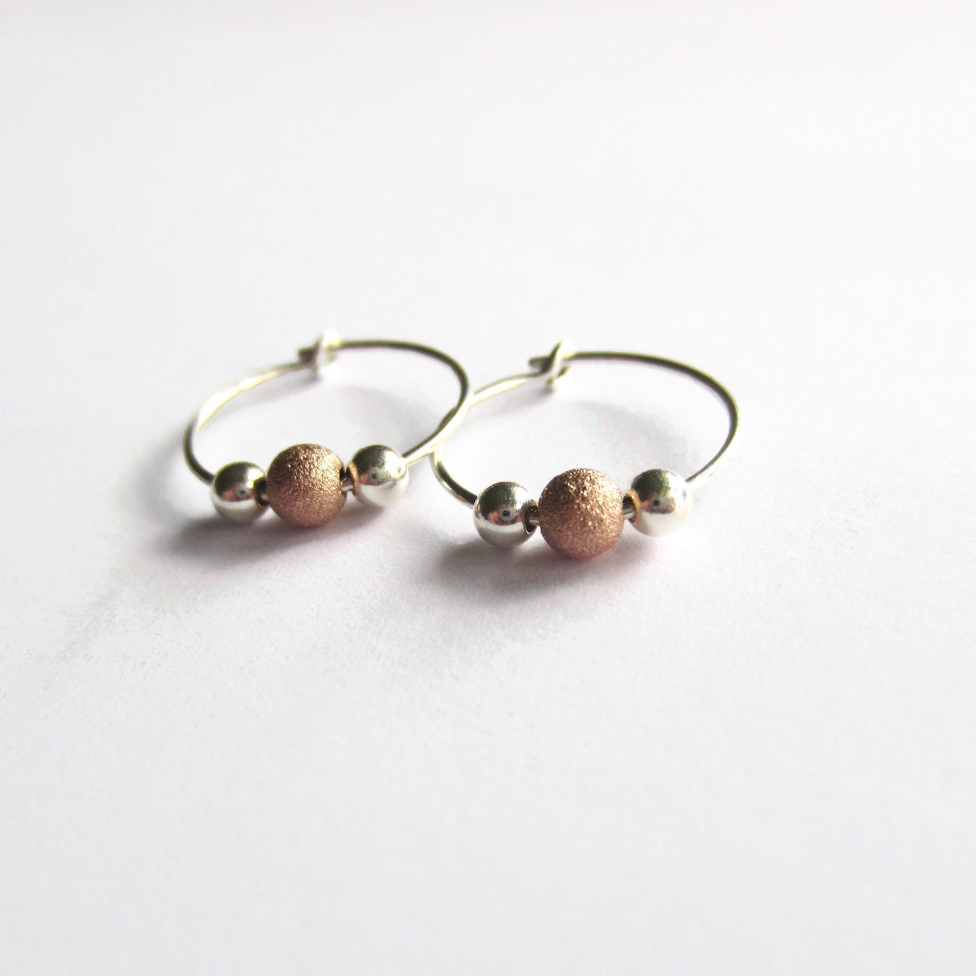 Sterling Silver and Rose Gold Filled Stardust Bead Hoop Earrings ~ Handmade by The Tiny Tree Frog Jewellery
