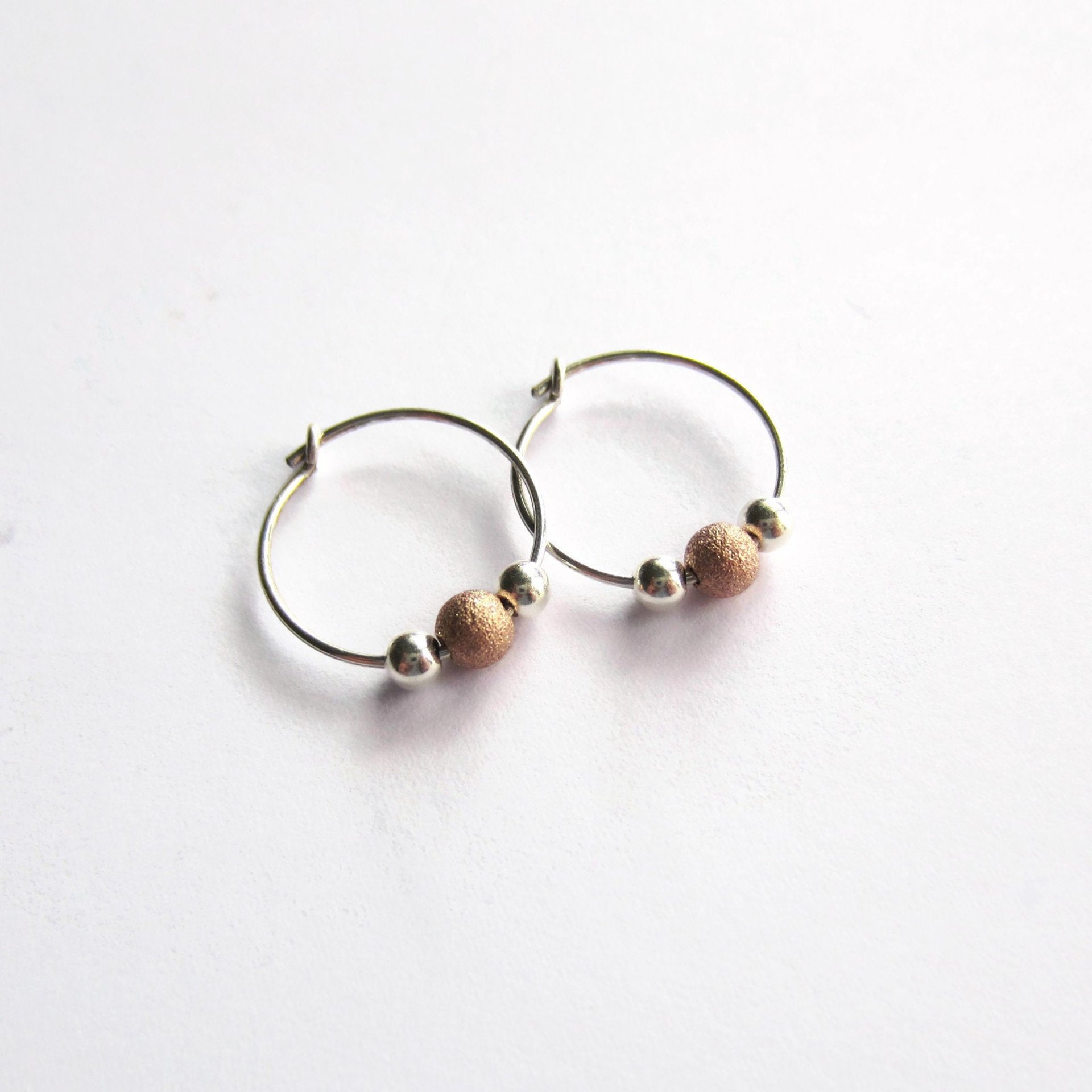 Sterling Silver and Rose Gold Filled Stardust Bead Hoop Earrings ~ Handmade by The Tiny Tree Frog Jewellery