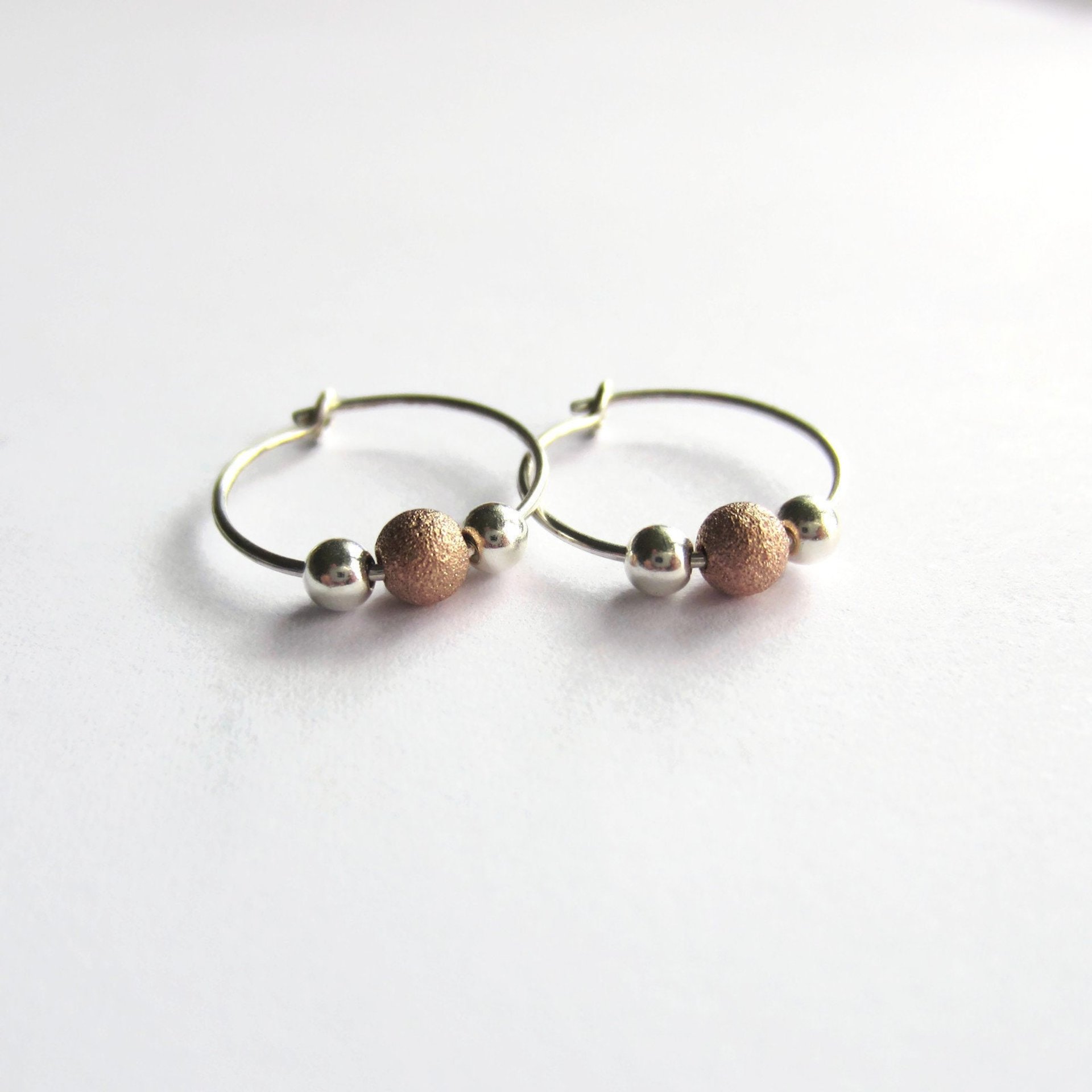 Sterling Silver and Rose Gold Filled Stardust Bead Hoop Earrings ~ Handmade by The Tiny Tree Frog Jewellery