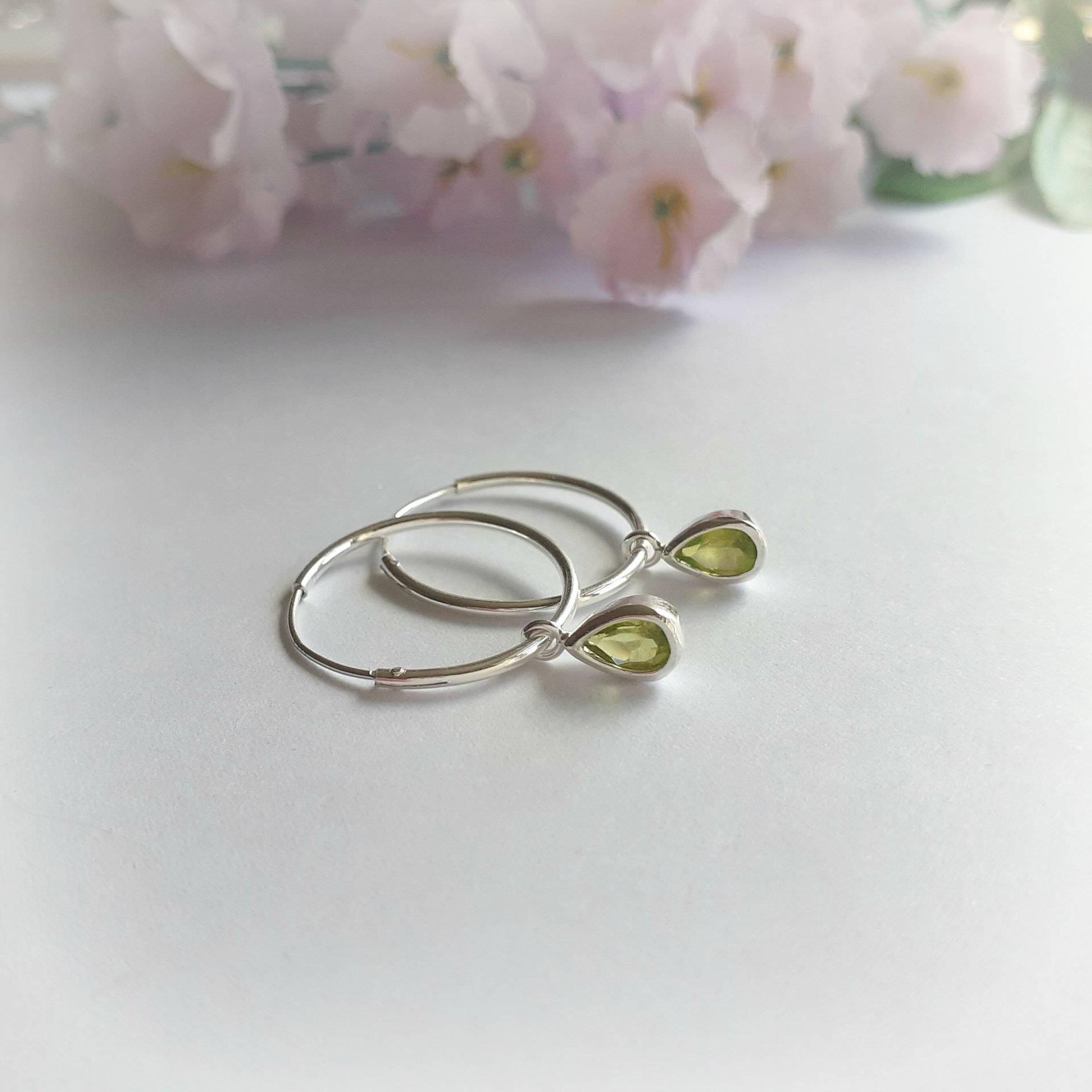 Sterling Silver Peridot Gemstone Teardrop Hoop Earrings ~ August Birthstone ~ Handmade by The Tiny Tree Frog Jewellery