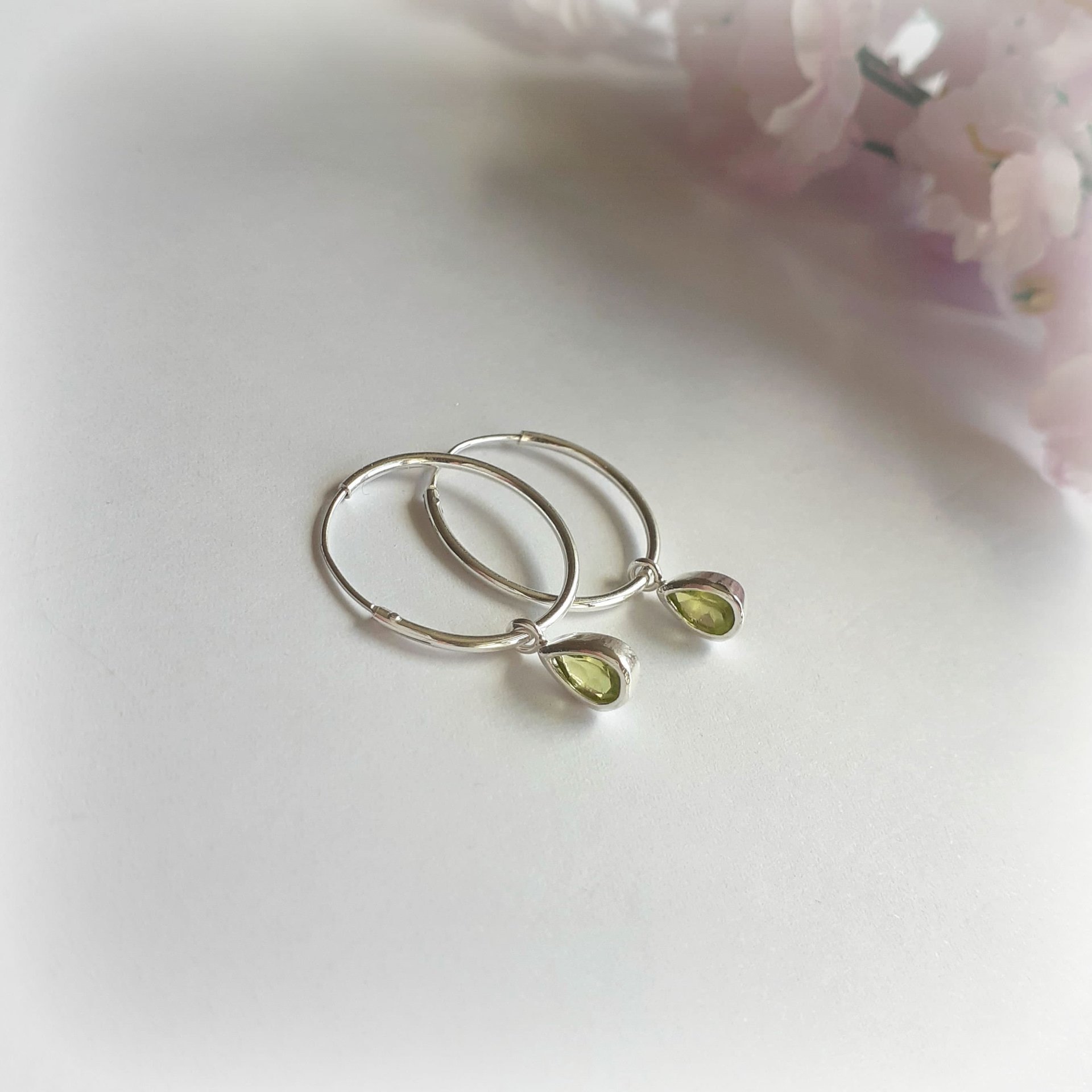 Sterling Silver Peridot Gemstone Teardrop Hoop Earrings ~ August Birthstone ~ Handmade by The Tiny Tree Frog Jewellery