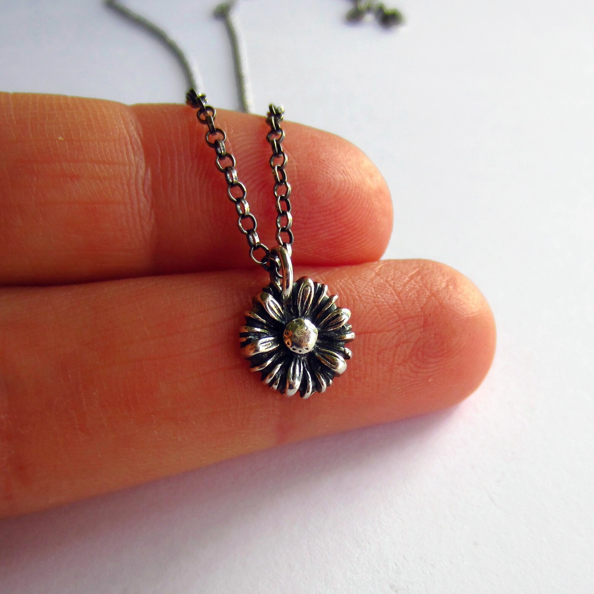 Oxidised Fine Silver Daisy Necklace ~ April Birth Flower ~ Handmade by The Tiny Tree Frog Jewellery
