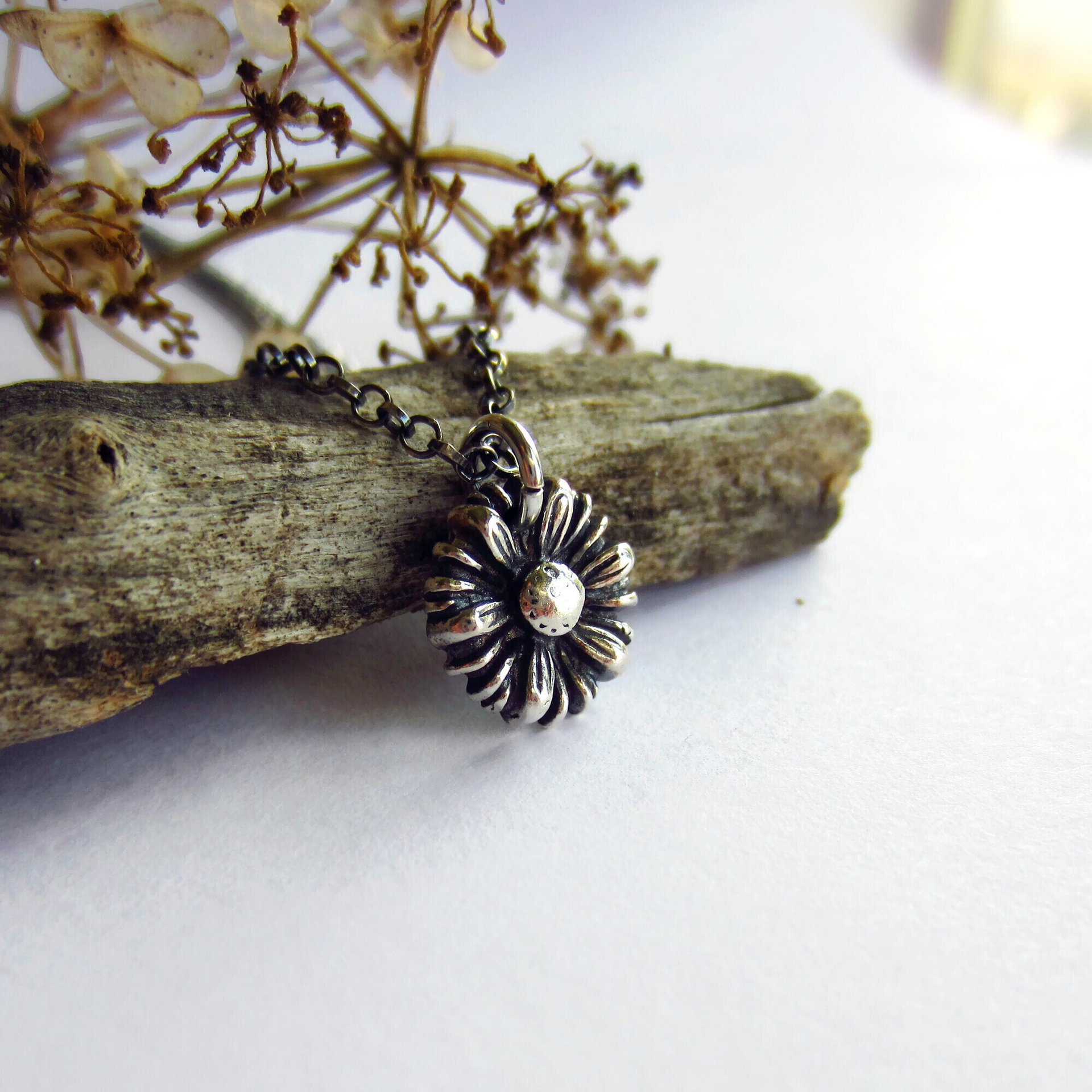 Oxidised Fine Silver Daisy Necklace ~ April Birth Flower ~ Handmade by The Tiny Tree Frog Jewellery