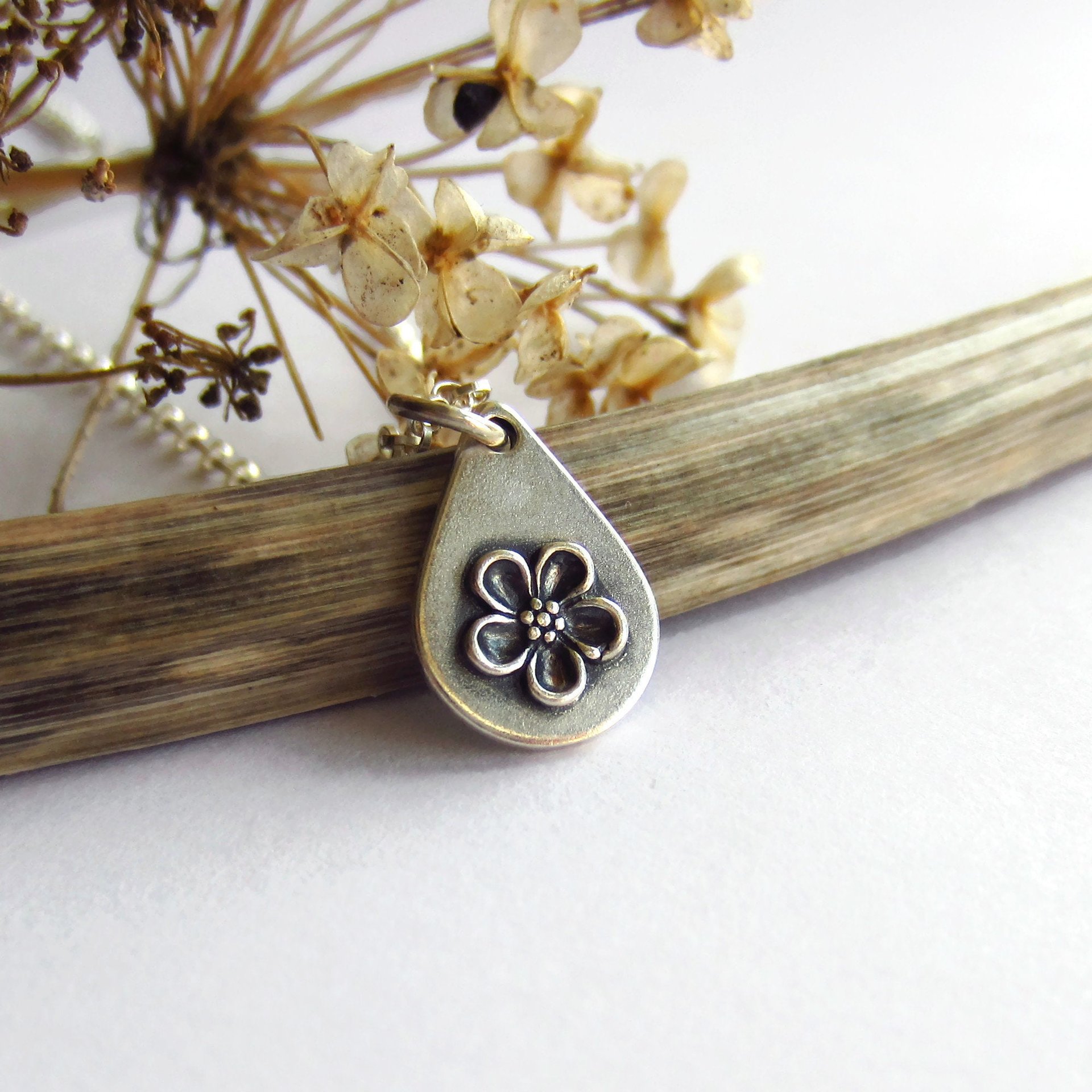 Silver Forget Me Not Teardrop Necklace ~ Handmade by The Tiny Tree Frog Jewellery