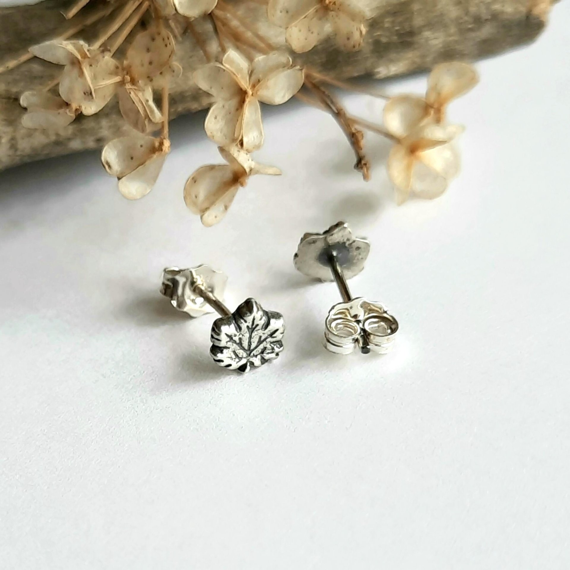 Oxidised Fine Silver Maple Leaf Stud Earrings ~ Handmade by The Tiny Tree Frog Jewellery