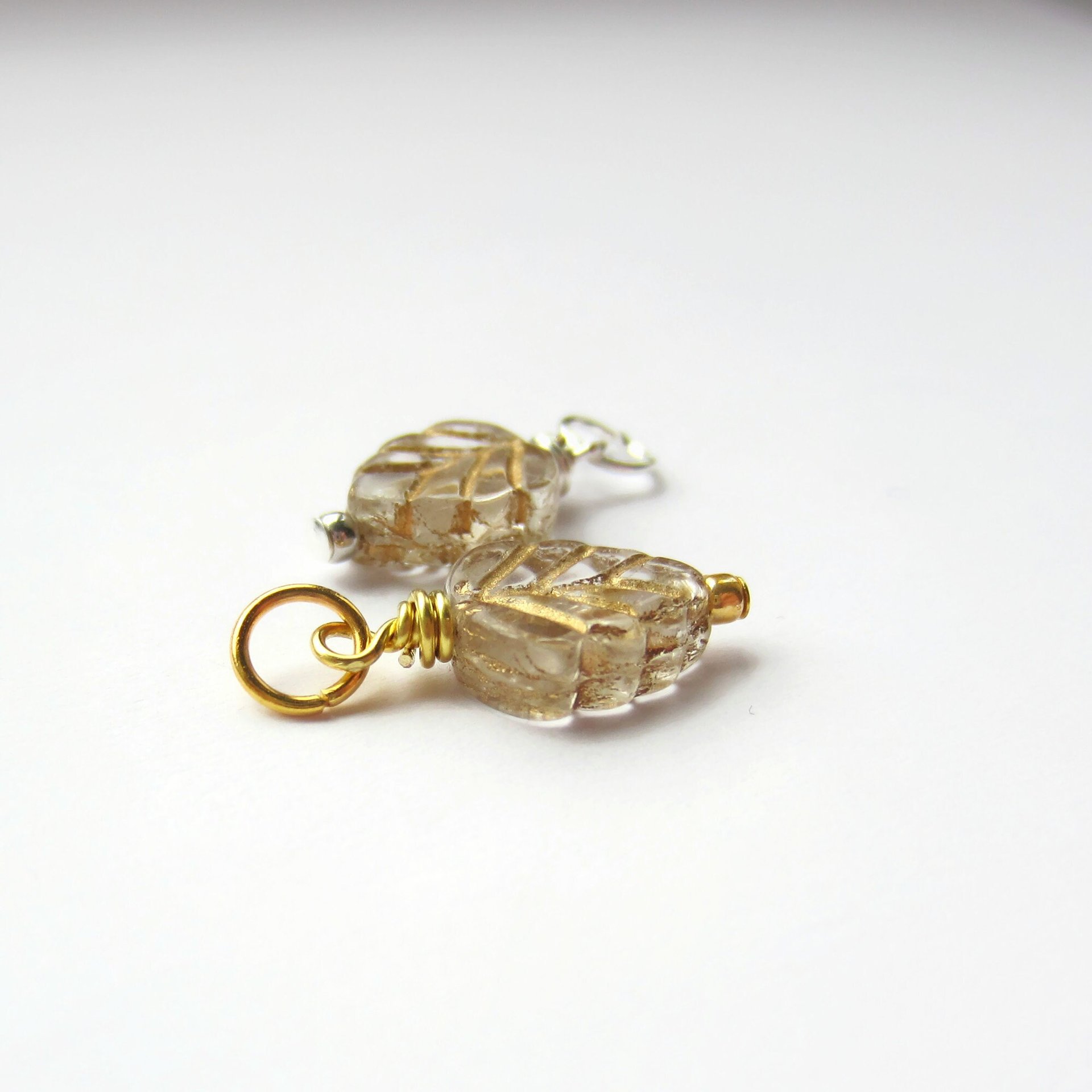 Clear and Gold Czech Glass Leaf Charm ~ Handmade by The Tiny Tree Frog Jewellery