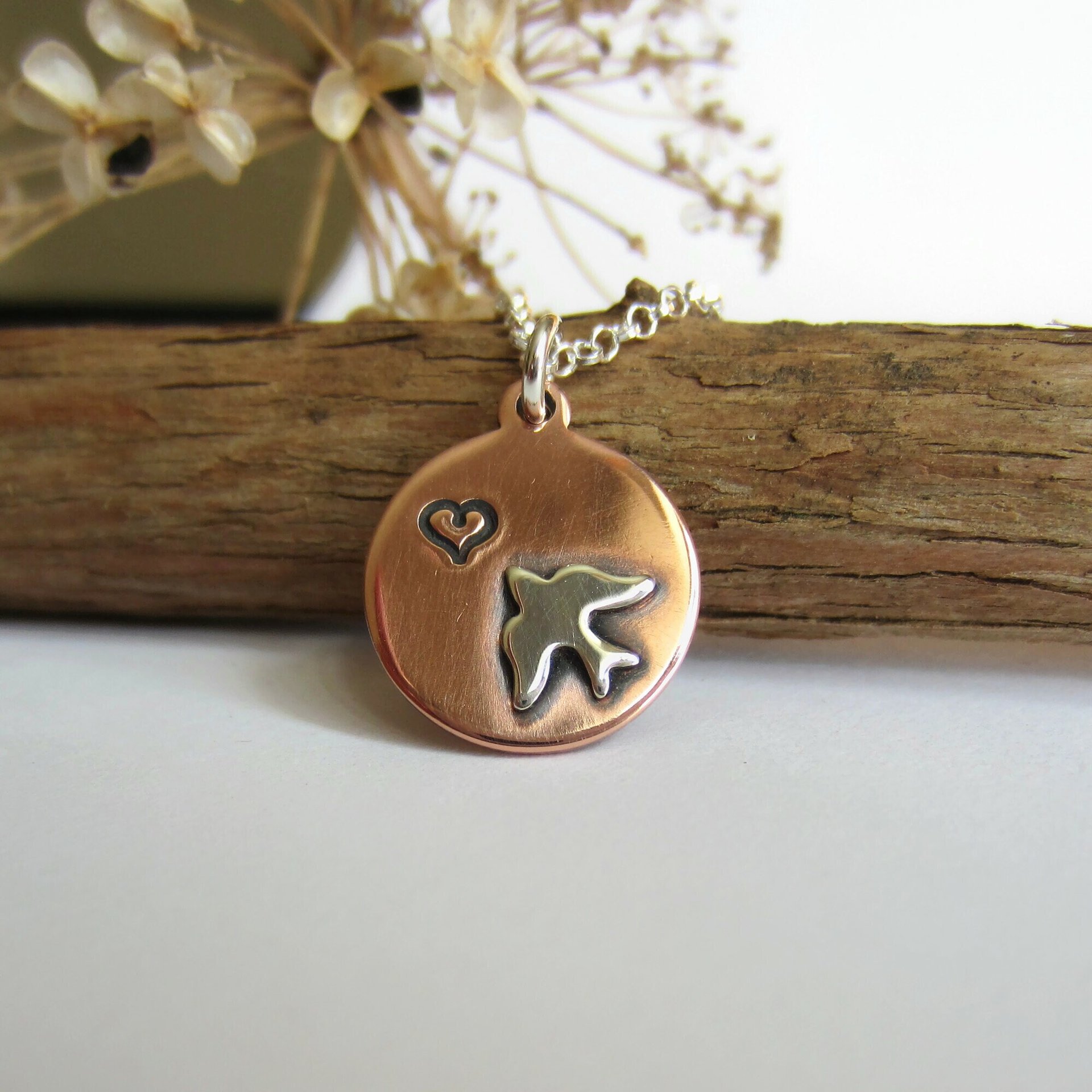 Bird and Heart Copper Necklace ~ Handmade by The Tiny Tree Frog Jewellery