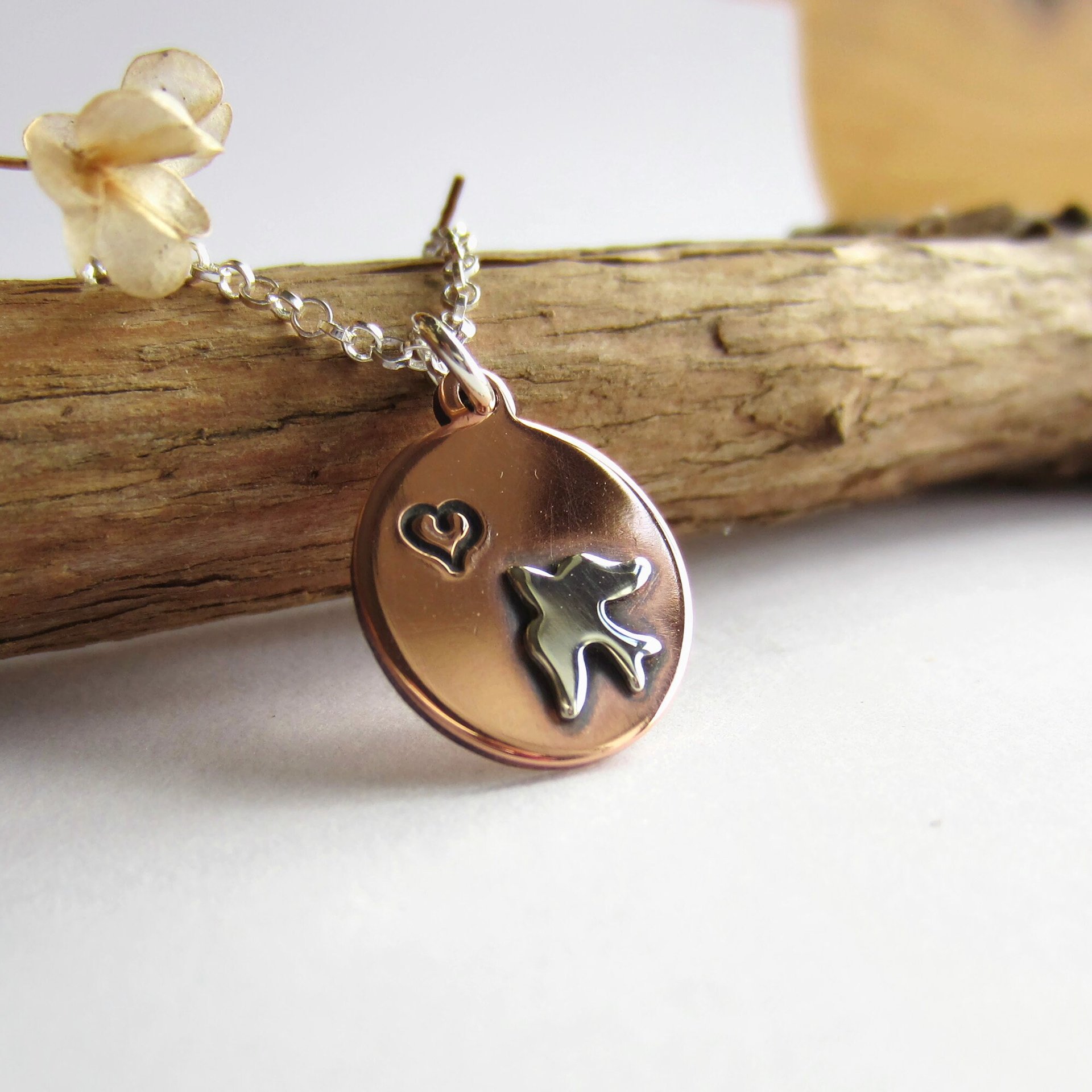 Bird and Heart Copper Necklace ~ Handmade by The Tiny Tree Frog Jewellery