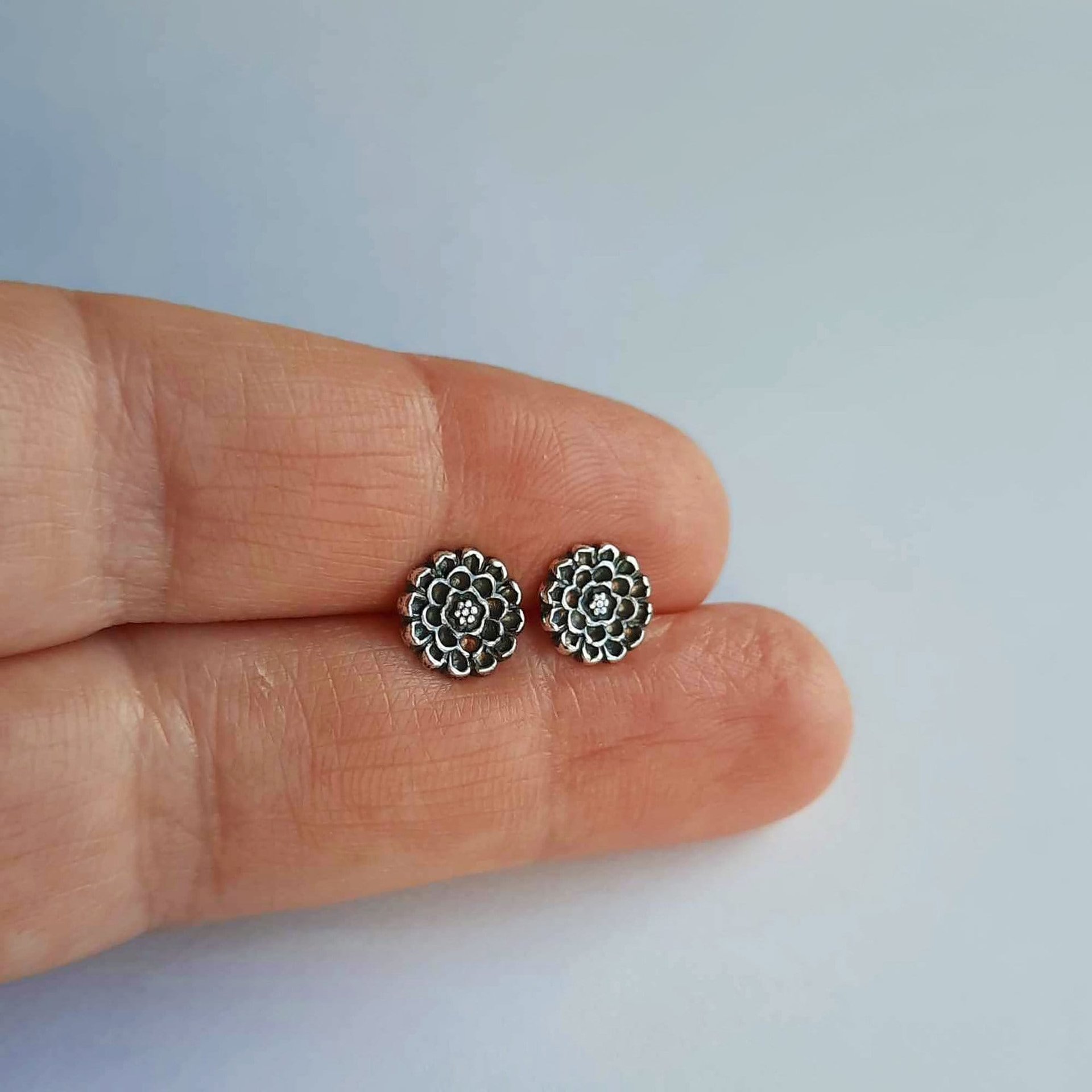 Oxidised Silver Dahlia Flower Stud Earrings - Handmade by The Tiny Tree Frog Jewellery