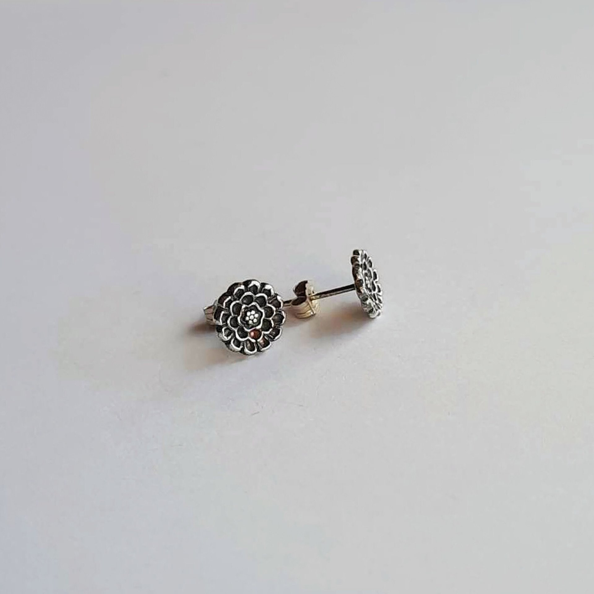 Oxidised Silver Dahlia Flower Stud Earrings - Handmade by The Tiny Tree Frog Jewellery