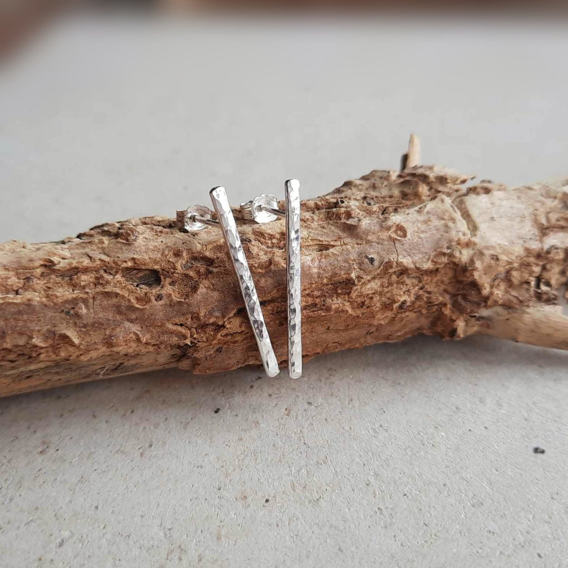 Dainty hammered and textured recycled sterling silver bar earrings, hand crafted by The Tiny Tree Frog Jewellery