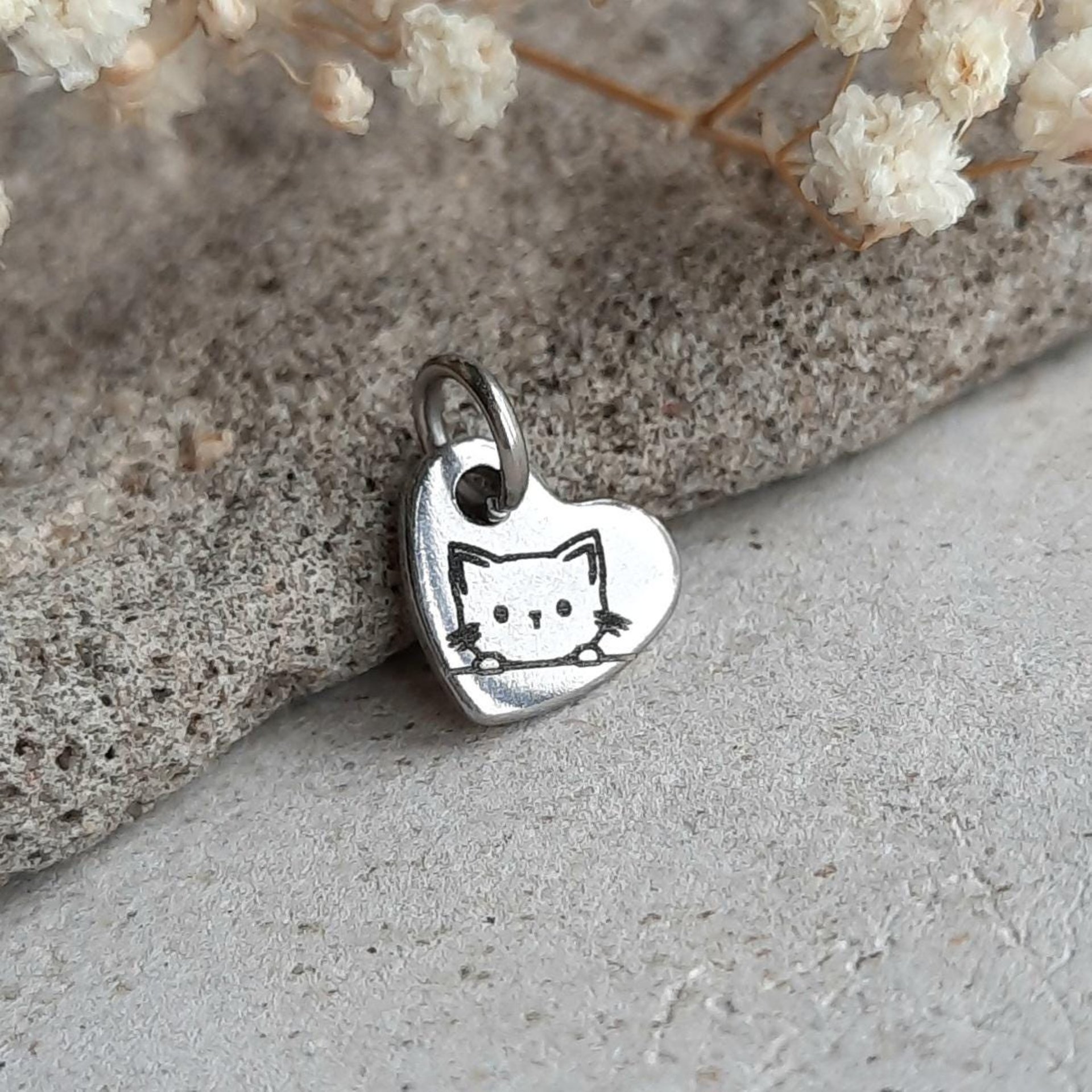 Tiny Stainless Steel Peeking Cat Charm, Little Heart Shaped Pendant, Laser Engraved Add On for Necklace / Bracelet, Cat Lover  Gift ~ 10mm