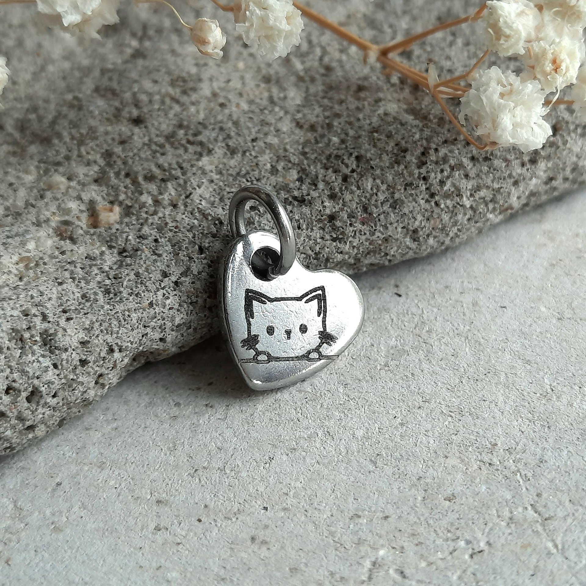 Tiny Stainless Steel Peeking Cat Charm, Little Heart Shaped Pendant, Laser Engraved Add On for Necklace / Bracelet, Cat Lover  Gift ~ 10mm