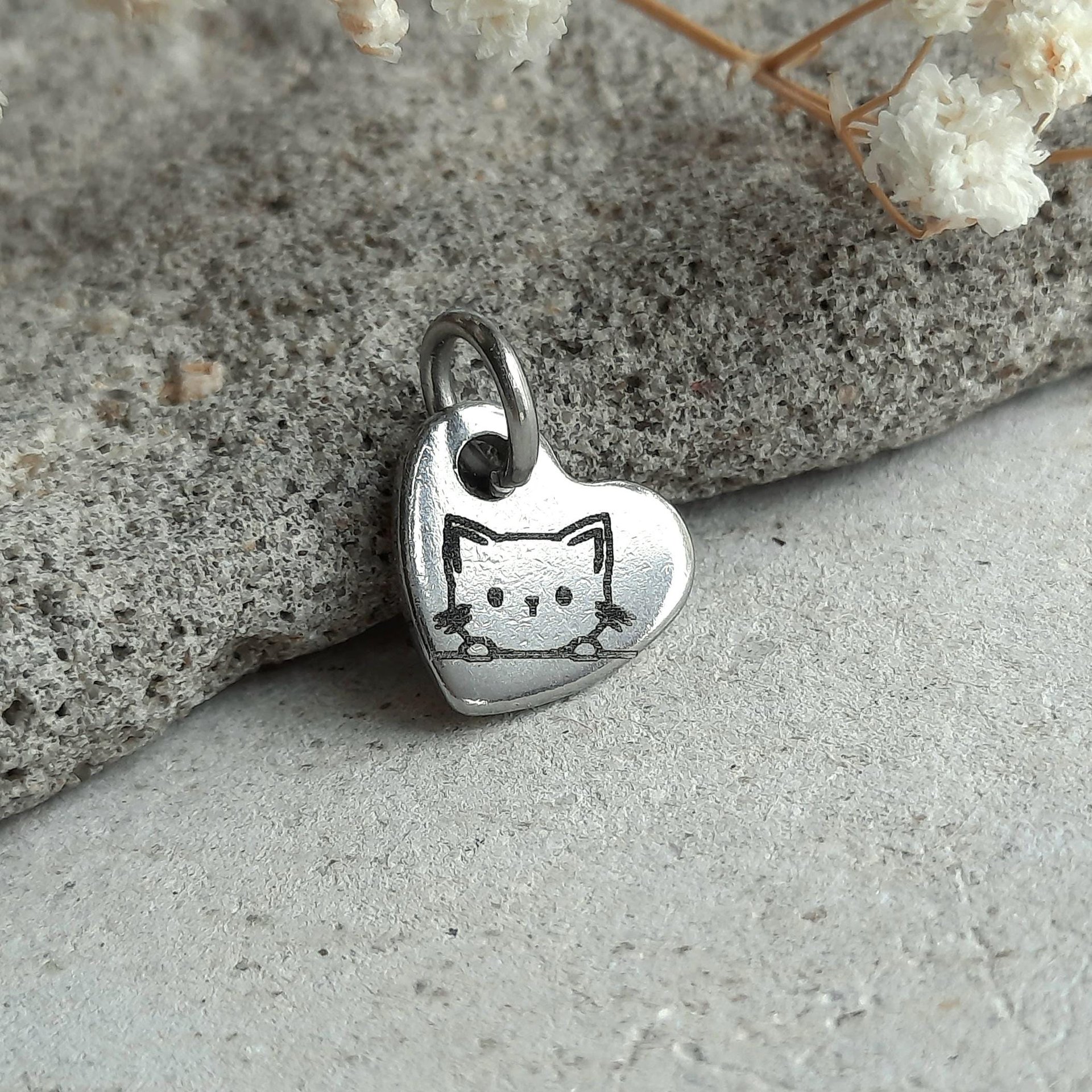 Tiny Stainless Steel Peeking Cat Charm, Little Heart Shaped Pendant, Laser Engraved Add On for Necklace / Bracelet, Cat Lover  Gift ~ 10mm