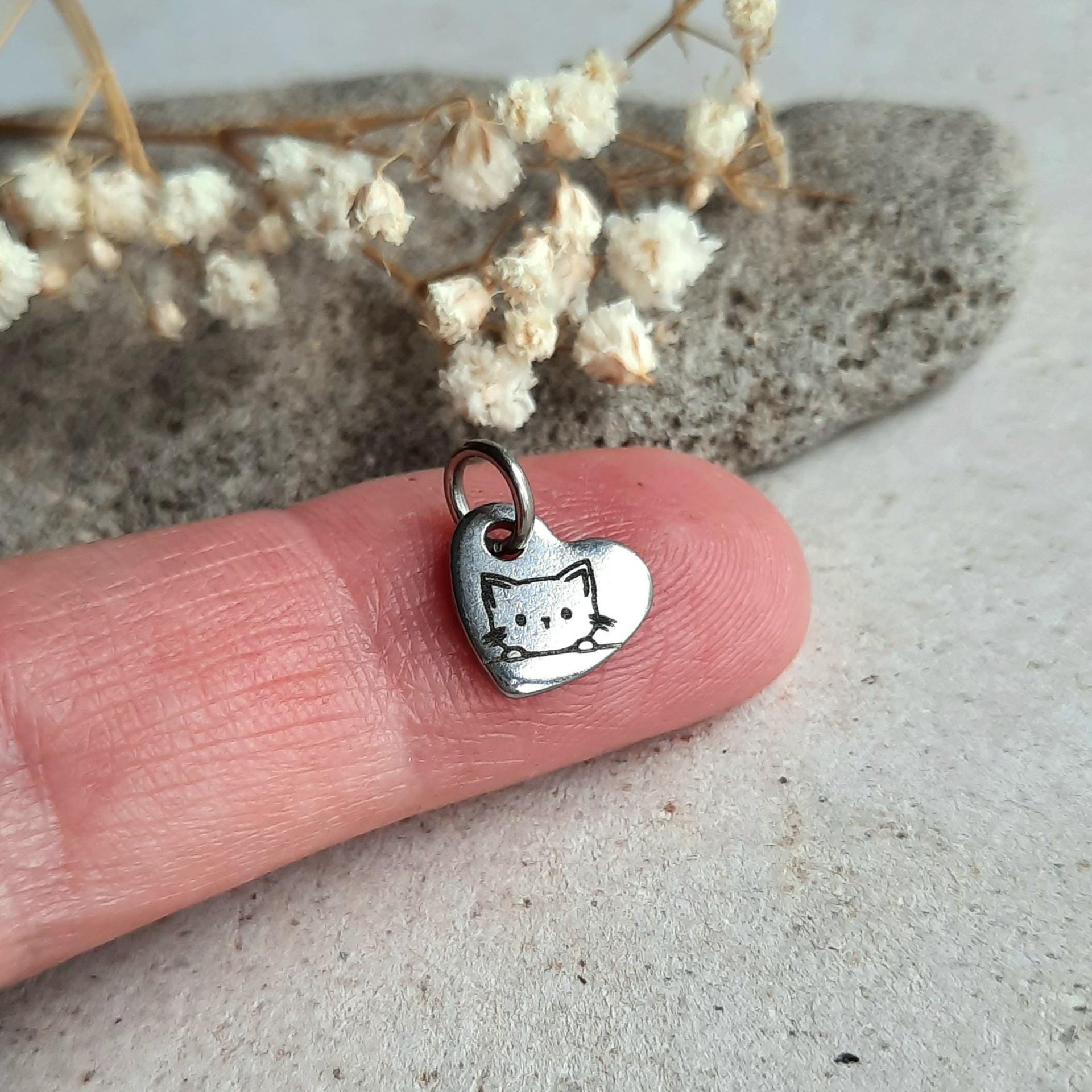 Tiny Stainless Steel Peeking Cat Charm, Little Heart Shaped Pendant, Laser Engraved Add On for Necklace / Bracelet, Cat Lover  Gift ~ 10mm