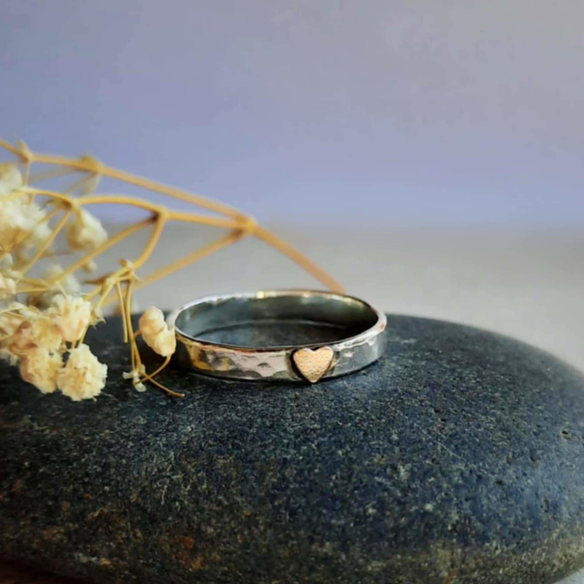 Hammered Sterling Silver & Gold Heart Ring - Recycled Metal