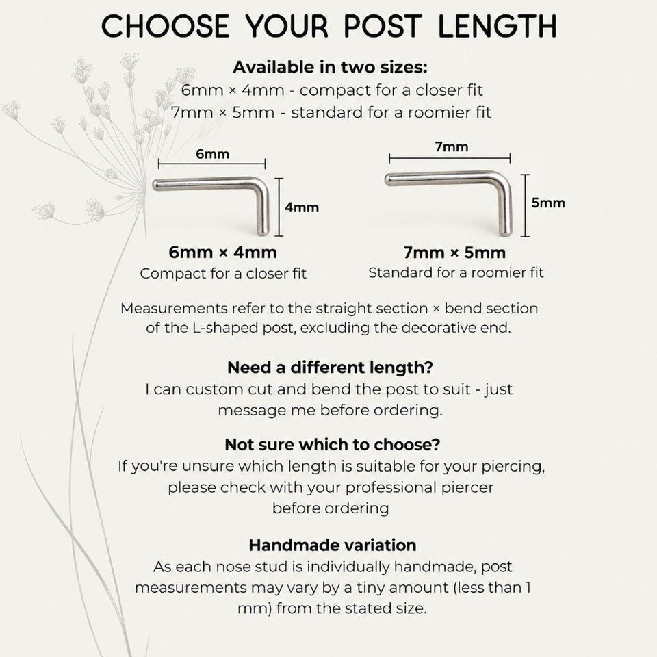 Infographic about nose stud post length options showing 6mm × 4mm and 7mm × 5mm L-shaped posts, with guidance on choosing a closer or roomier fit