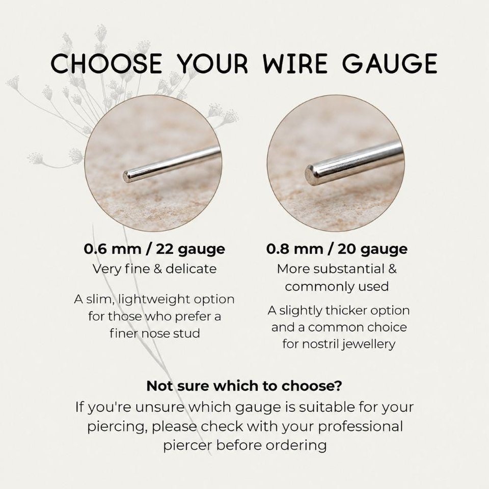 Infographic about nose stud wire gauge infographic comparing 0.6mm (22 gauge) and 0.8mm (20 gauge) options, with guidance on choosing the appropriate gauge