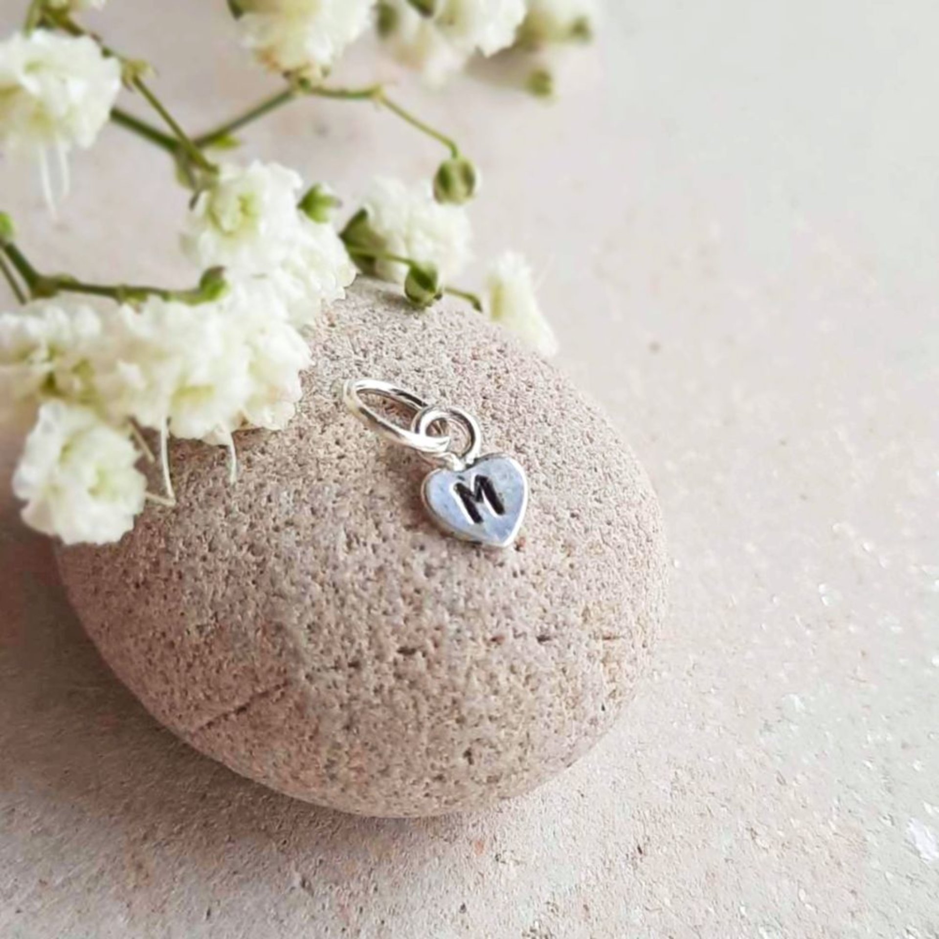 Handmade sterling silver initial heart charm for bracelets, necklaces or keepsake jewellery