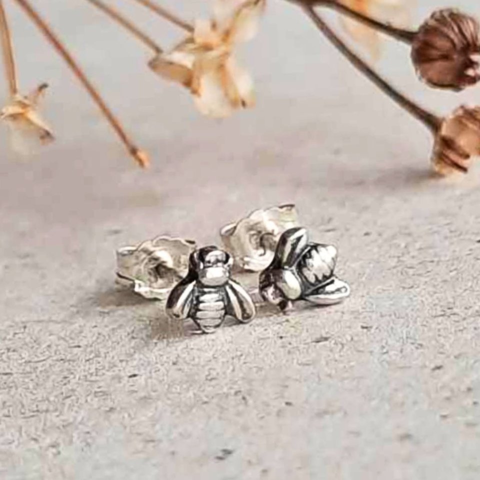 Mini 5mm fine silver bee stud earrings with sterling silver posts and butterfly backs
