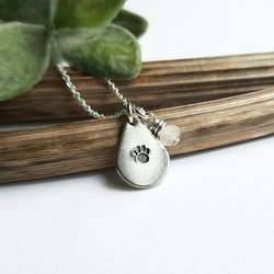 Silver Paw Print Teardrop Necklace with Rose Quartz Charm ~ Handmade by The Tiny Tree Frog Jewellery