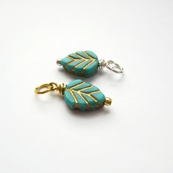 Turquoise Blue and Gold Czech Glass Leaf Charm ~ Handmade by The Tiny Tree Frog Jewellery