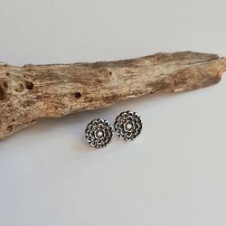 Oxidised Silver Dahlia Flower Stud Earrings - Handmade by The Tiny Tree Frog Jewellery