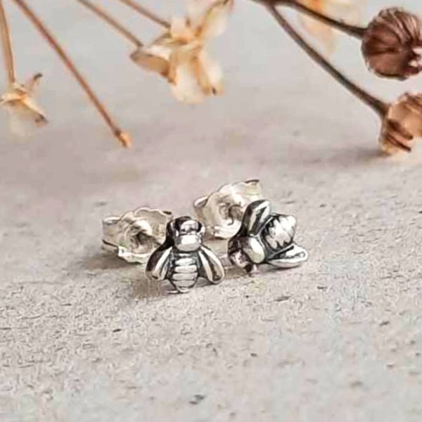 Mini 5mm fine silver bee stud earrings with sterling silver posts and butterfly backs